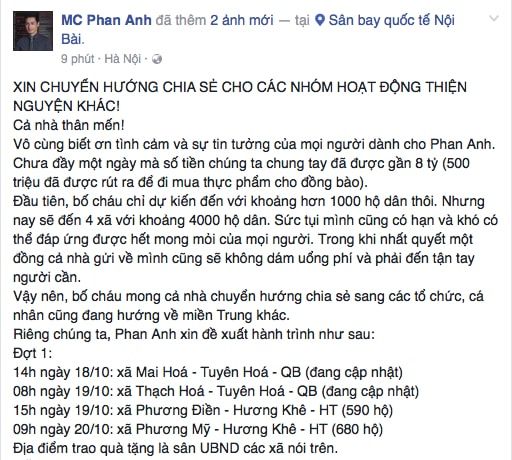 MC Phan Anh công bố mang 8 tỷ quyên góp được đến tận tay người dân Quảng Bình- Hà Tĩnh (Ảnh: internet)
