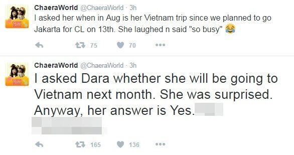 Hai dòng tweet của tài khoản fansite có tên Chaeraworld đăng tải về lời chia sẻ của Dara (ảnh: internet)