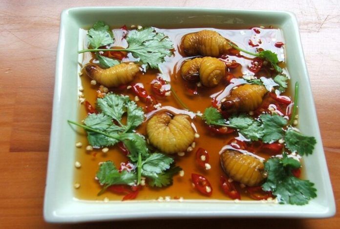Đuông dừa sống với nước mắm có vài lát ớt là đặc sản của Bến Tre. (ảnh: internet)