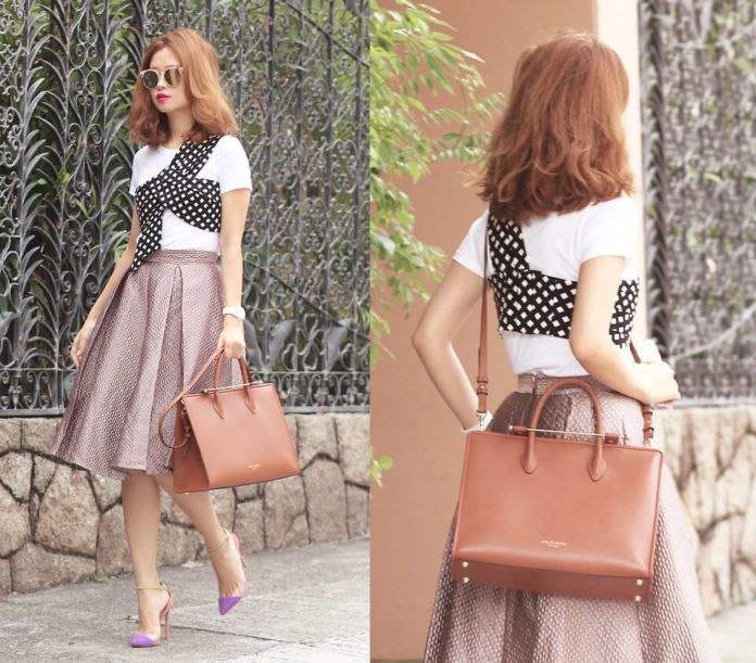 Chân váy xòe với áo cách điệu, phụ kiện như túi xách, một đôi giày nữ tính sẽ là sự kết hợp tuyệt vời. (ảnh: internet)