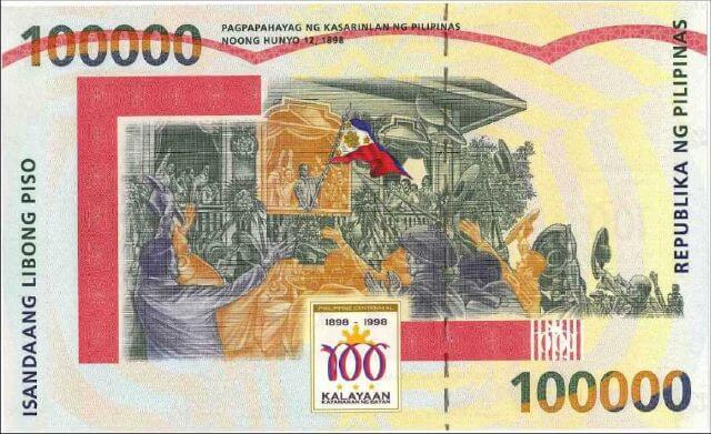 Tờ tiền lớn nhất thế giới - 100.000 peso của Philippines. (Nguồn: Internet)