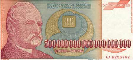 Tờ tiền mệnh giá 100 tỉ tỉ Dinara của Nam Tư cũ. (Nguồn: Internet)