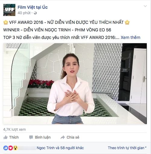 Fanpage VFF chia sẻ về giải thưởng của Ngọc Trinh (Ảnh: internet)