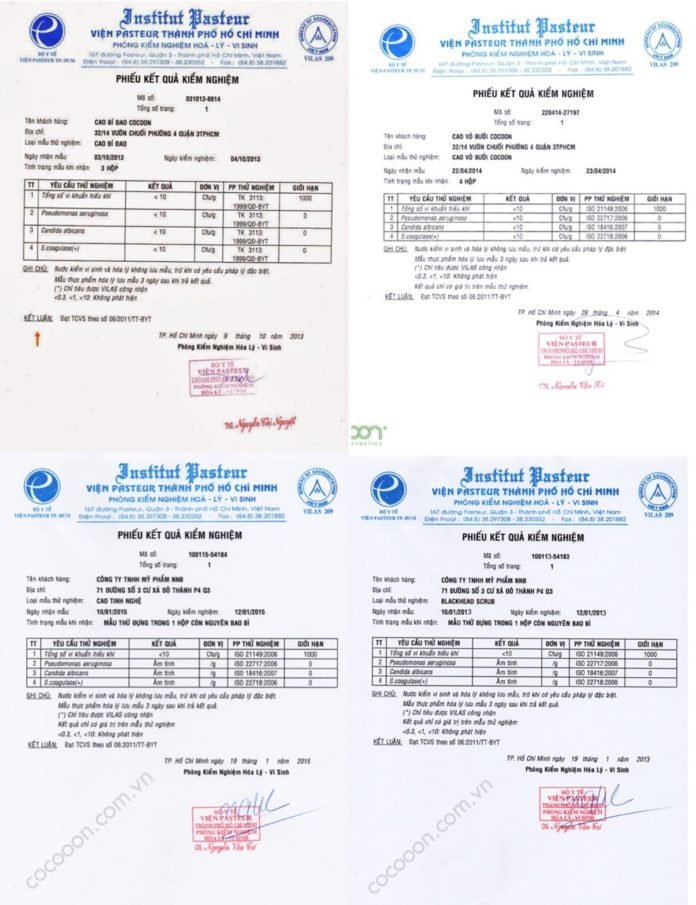 Một số sản phẩm của Cocoon đã được viện Pastuer chứng nhận là an toàn và lành tính (Nguồn: website Cocoon.vn)