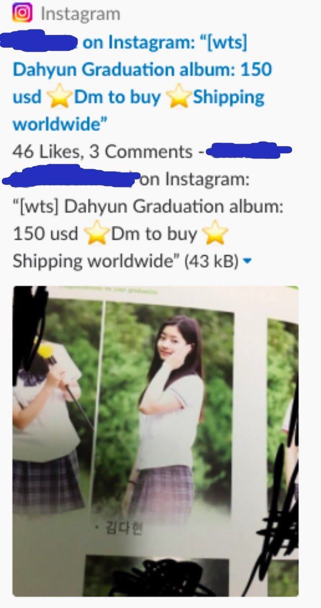 Tài khoản instagram đăng bán bức ảnh Dahyun thời đi học với mức giá 150 đô la