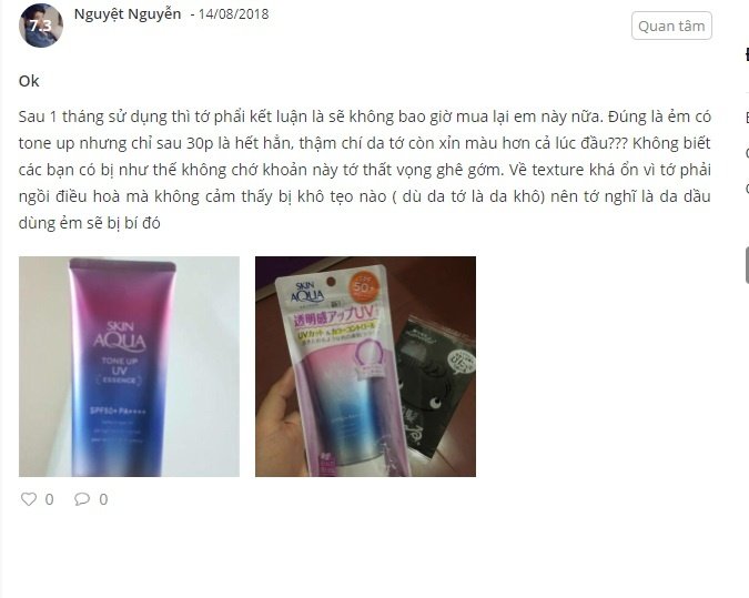 Đánh giá của bạn Nguyệt Nguyễn về kem chống nắng Sunplay Skin Aqua Tone Up UV Essence
