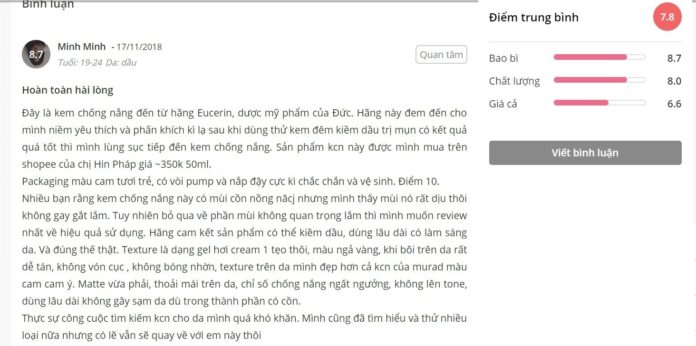Review của một bạn dùng kem chống nắng Eucerin Sun Gel Creme Oil Control SPF 50+ (ảnh: BlogAnChoi)