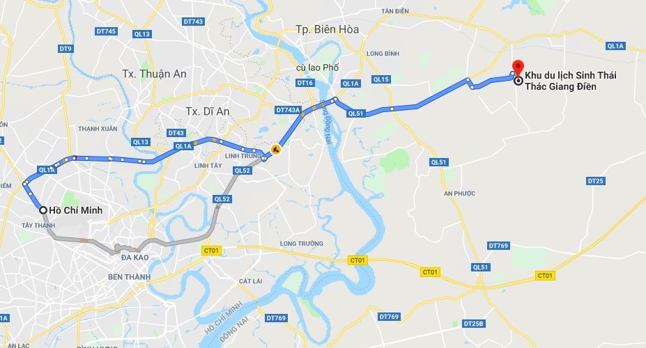Bản đồ di chuyển từ TP.HCM đến khu du lịch sinh thái Thác Giang Điền bằng xe máy