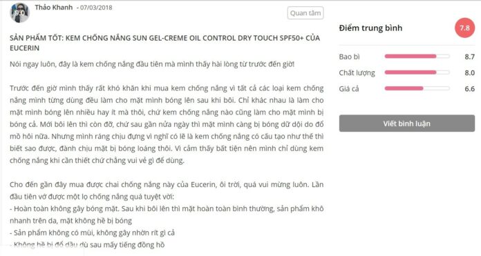 Đánh giá khách hàng về kem chống nắng Eucerin Sun Gel Creme Oil Control SPF 50+ (ảnh: BlogAnChoi)