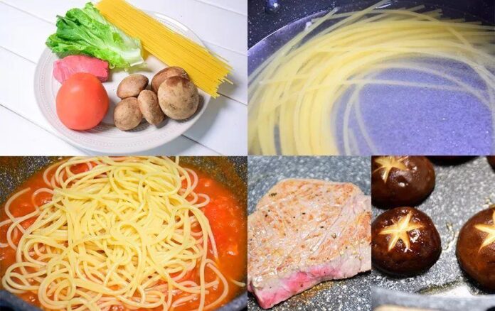 Cách làm bento mỳ ý pasta + thịt bê + nấm mỡ xào
