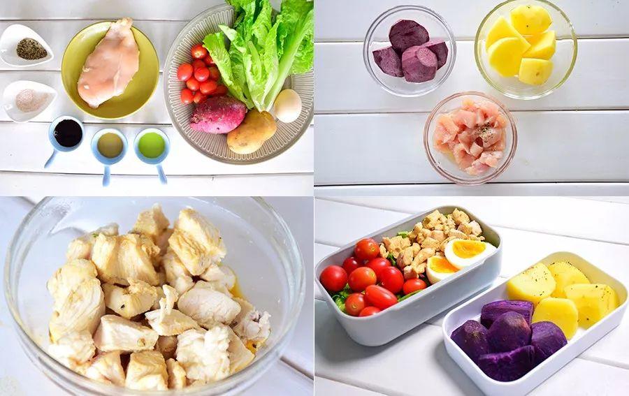 Cách làm bento khoai lang tím + khoai tây + salad ức gà