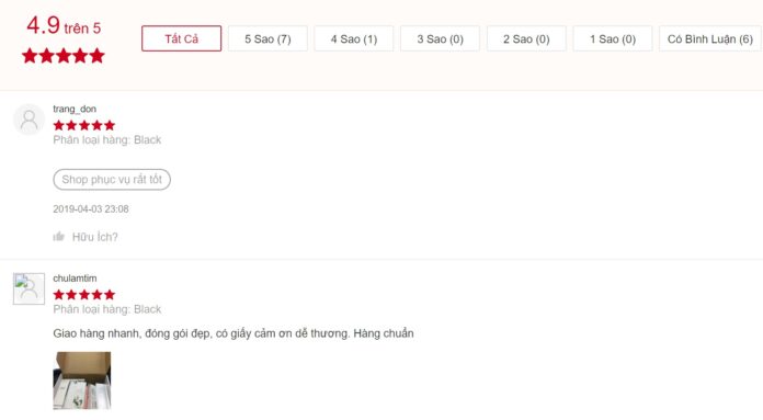 Đánh giá của khách hàng tại Shopee