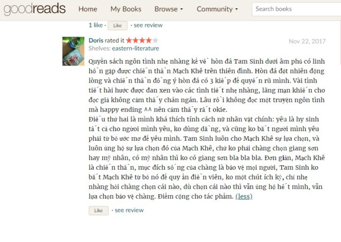 Một độc giả có cái nhìn khá sâu sắc về tình yêu của Tam Sinh dành cho Mạch Khê (Nguồn ảnh: Internet)