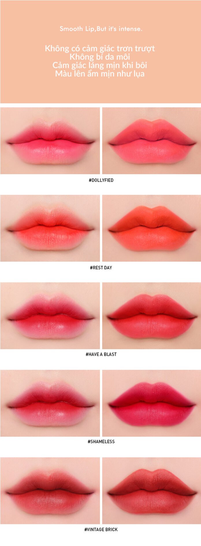 Bảng màu son 3CE Smoothing Lip Tint có các tông màu đảm bảo phù hợp sở thích của các nàng (nguồn: Internet)