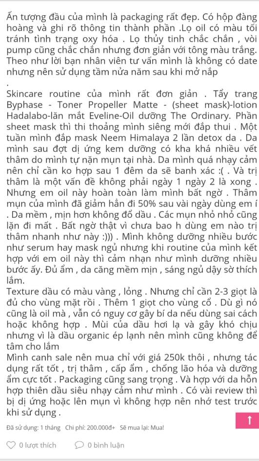 The Ordinary Rosehip Seed Oil đã nhận được những review rất tốt (Nguồn: BlogAnChoi) The Ordinary Rosehip Seed Oil đã nhận được những review rất tốt (Nguồn: BlogAnChoi)