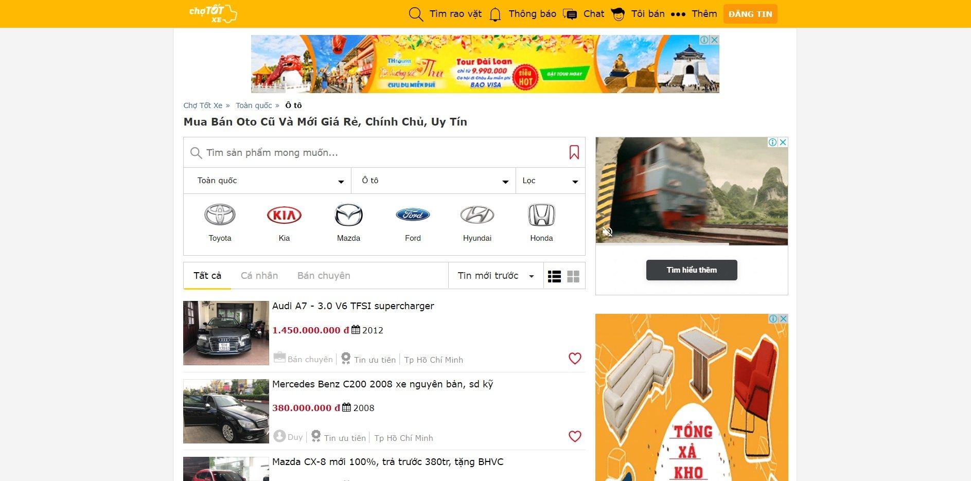 Trang web mua bán xe ô tô cũ Chợ tốt có độ uy tín cao. Ảnh: internet