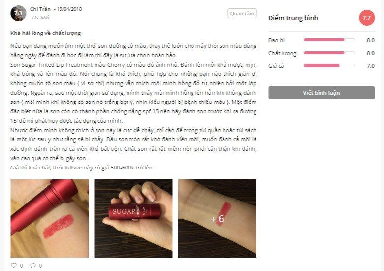 Nhận xét của một khách hàng trên Sheis.vn về Fresh Sugar Tinted Lip Treatment (Nguồn: BlogAnChoi)