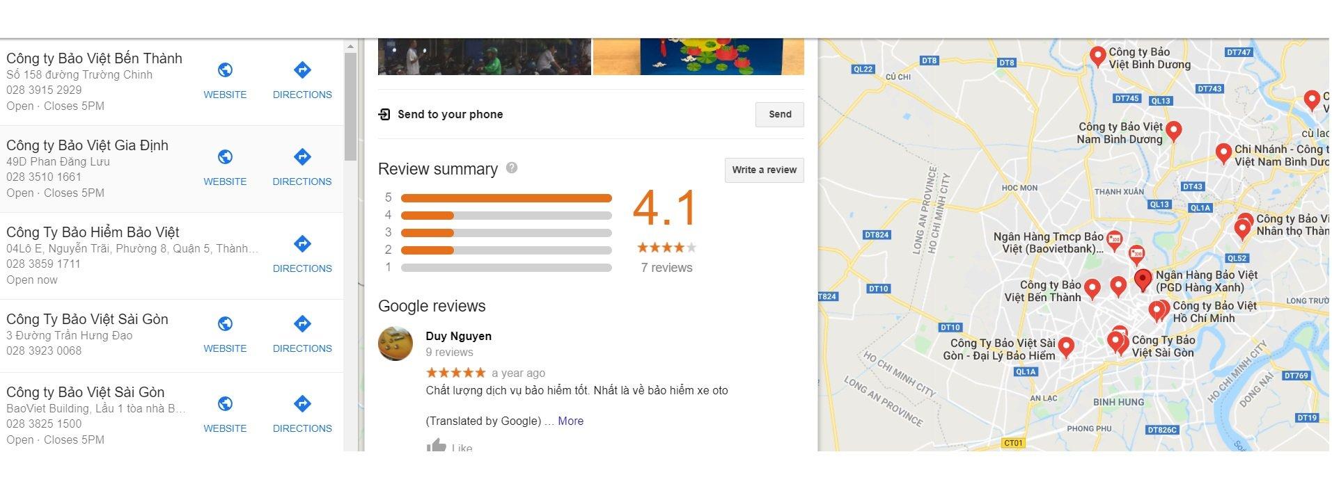 Đánh giá của khách hàng về công ty Bảo Việt trên Google Maps. (Nguồn: BlogAnChoi)
