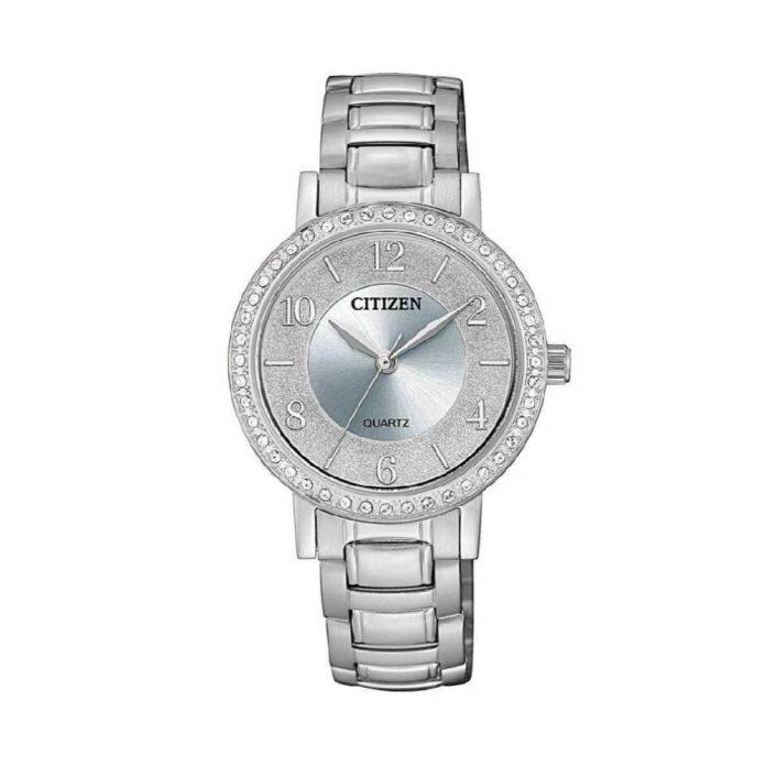 Citizen EI3040-55I hất liệu dây bằng thép cao cấp, vỏ đồng hồ đính đá Swarovski sang trọng, mặt kính khoáng cứng chịu va đập tốt. (Nguồn: Internet).