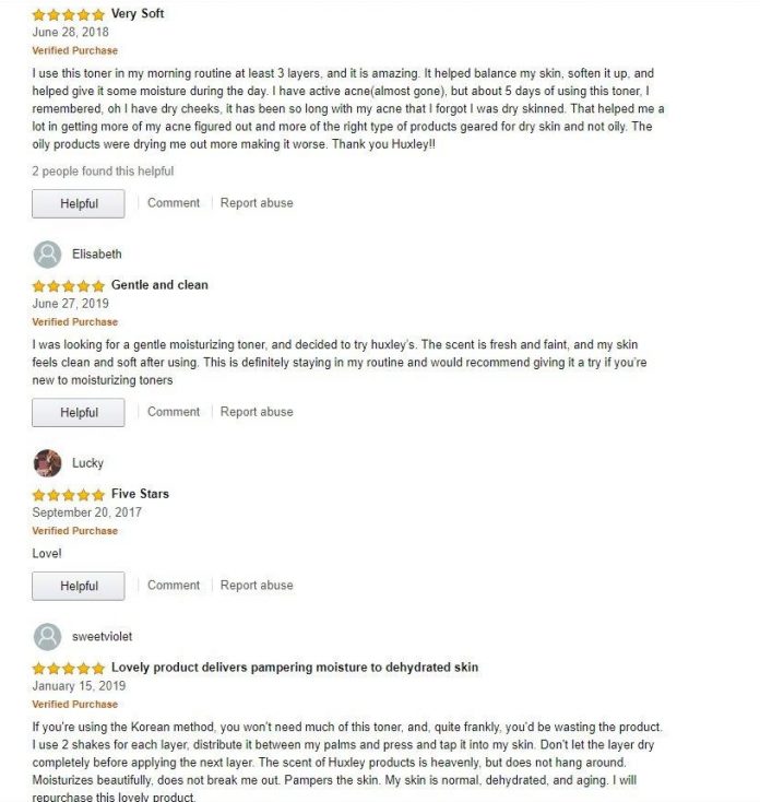 Phản hồi tích cực về Huxley Toner Extract it của khách hàng quốc tế. (Nguồn: Internet).