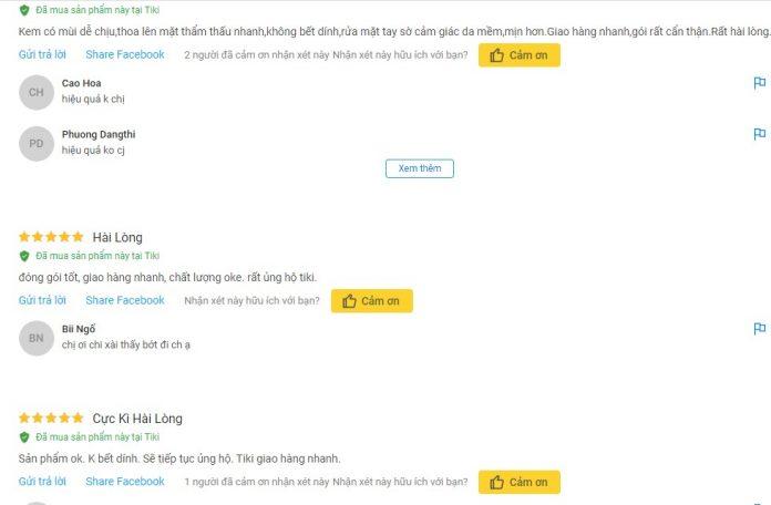 Đánh giá từ khách hàng sử dụng sản phẩm trên trang Tiki (Ảnh: BlogAnChoi)
