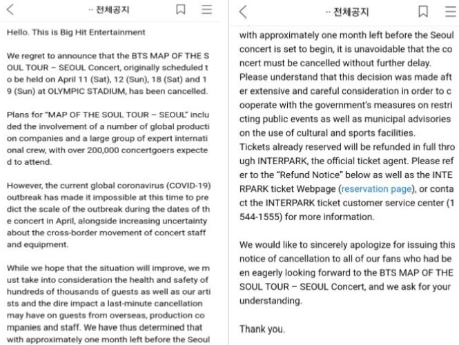 Big Hit thông báo hủy bỏ "Map Of The Soul Tour - Seoul Concert" vì dịch Covid-19 (Ảnh: Internet)