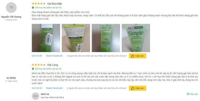 Review sữa rửa mặt Simple Kind To Skin Refreshing Facial Wash Gel từ khách hàng trên Tiki (Ảnh: Internet) Review sữa rửa mặt Simple Kind To Skin Refreshing Facial Wash Gel từ khách hàng trên Tiki (Ảnh: Internet)