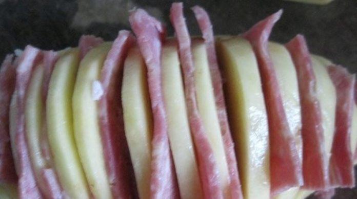 Kẹp thịt vào từng lát khoai tây (nguồn: internet)
