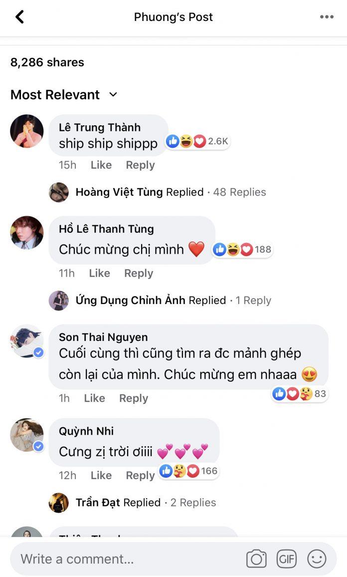 Ở phần bình luận, nhiều nghệ sĩ để lại lời nhắn chúc mừng cặp đôi (ảnh : internet)