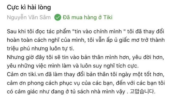 Cảm nhận của bạn Nguyễn Văn Sâm : Tin vào bản thân, yêu đời hơn. (Nguồn: Tiki.vn)