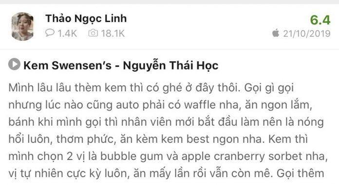 Cảm nhận của bạn Ngọc Linh về kem Swensen (Nguồn: Internet)