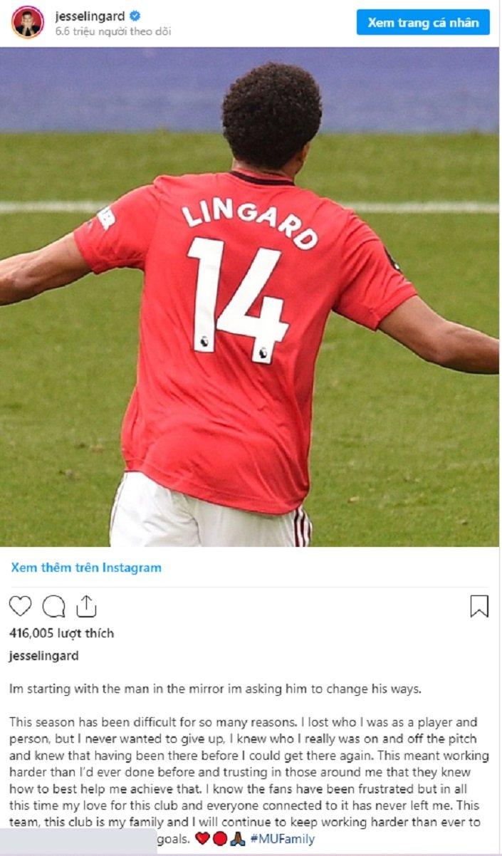 Những dòng tâm sự của Lingard trên Instagram cá nhân sau trận đấu cuối cùng của mùa giải.