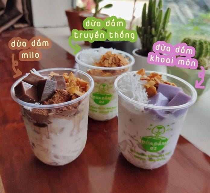 Menu của quán chủ đạo là dừa dầm, thêm trà vải, trà đào (Nguồn: Facebook Dừa Dầm D2)