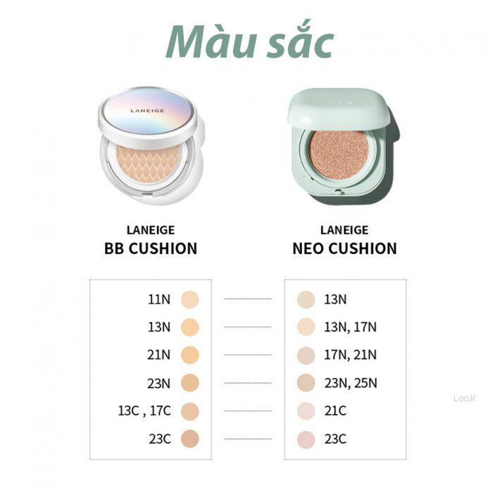 Cách đối chiếu so sánh màu sắc giữa Laneige Neo Cushion và phiên bản cũ Laneige BB Cushion. (nguồn: Internet)