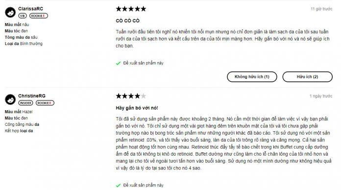 Đánh giá sử dụng serum chống lão hóa The Ordinary Buffet của khách hàng tại Sephora. (Ảnh: BlogAnChoi)