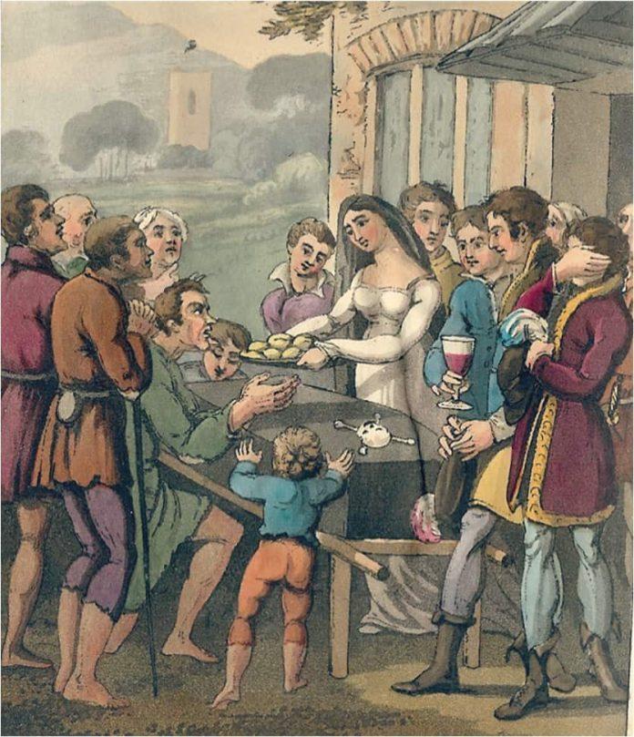 Nghề ăn đồ cúng tế trên nắp quan tài ở châu Âu đã không còn tồn tại, chỉ được ghi lại trong sách tranh lịch sử. (Ảnh: Internet)