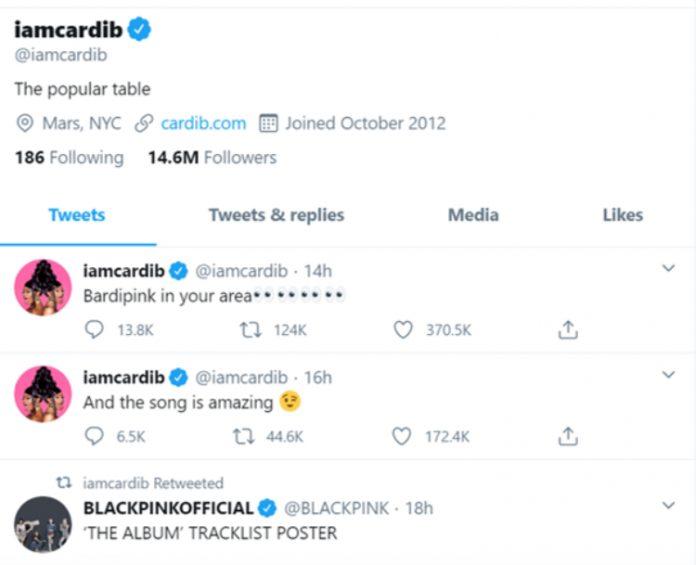 Thay vì "Blackpink in your area", Cardi B đã biến hóa câu nói độc nhất của các cô nàng thành "Bardipink in your area" để thể hiện sự yêu thích của mình với các nàng BLACKPINK (Nguồn: Internet).
