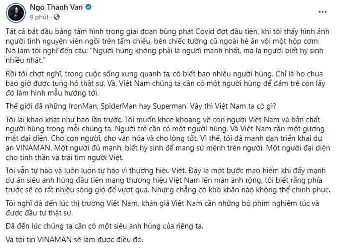 Toàn bộ chia sẻ của Ngô Thanh Vân về ý tưởng và dự án siêu anh hùng Vinaman. (Ảnh: Facebook)