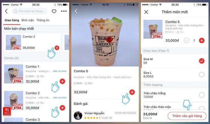Đặt món muốn chọn bằng cách ấn vào dấu cộng đỏ, tùy chỉnh món theo ý muốn nếu có, sau đó cho vào giỏ hàng. (Ảnh: BlogAnChoi)