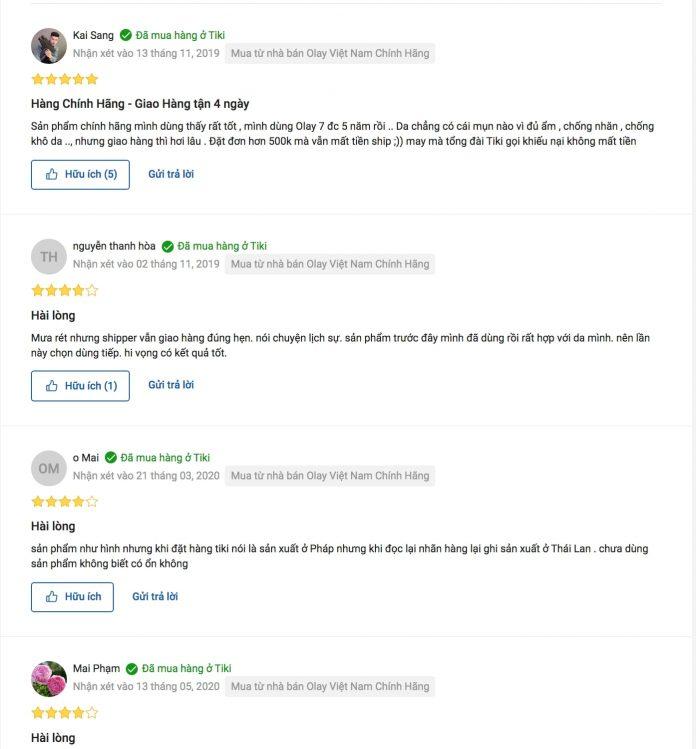 Đánh giá của khách hàng về sản phẩm Kem dưỡng chống lão hóa ban ngày Olay Total Effect 7 in 1 trên trang Tiki (Nguồn: BlogAnChoi).
