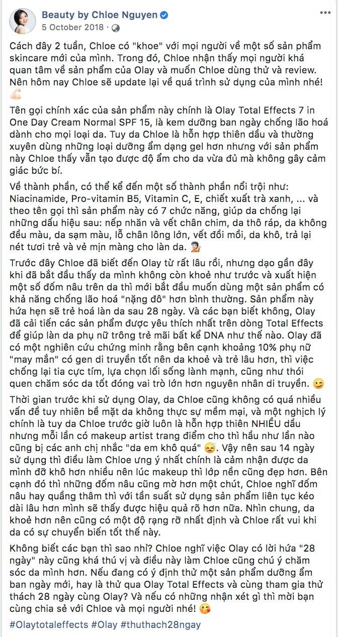 Đánh giá của khách hàng về sản phẩm Kem dưỡng chống lão hóa ban ngày Olay Total Effect 7 in 1 của Beauty Blogger Chloe Nguyen (Nguồn: BlogAnChoi).