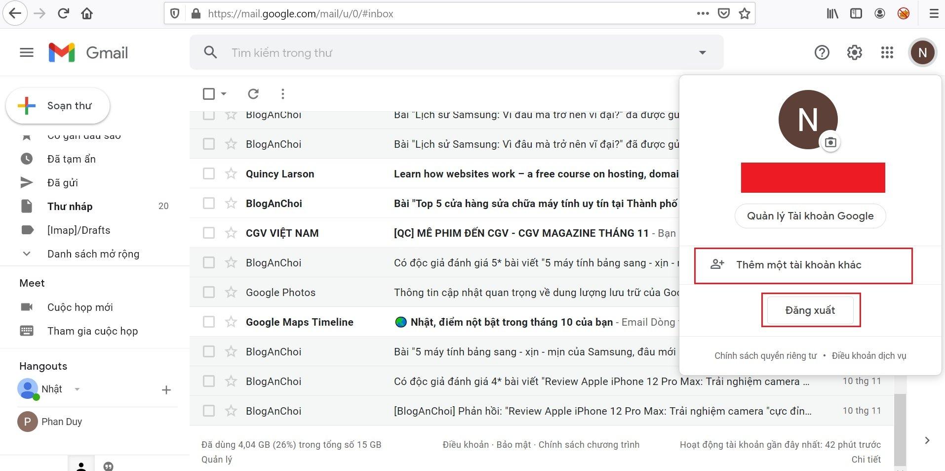 Đăng xuất Gmail trên máy tính. (Ảnh: BlogAnChoi)