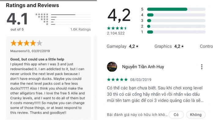 Đánh giá của người chơi trên CH Play và App Store (Ảnh chụp màn hình )