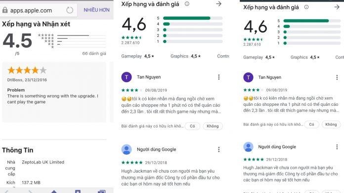 Đánh giá của người chơi trên cả hai nền tảng Android và iOS (Ảnh: Internet)