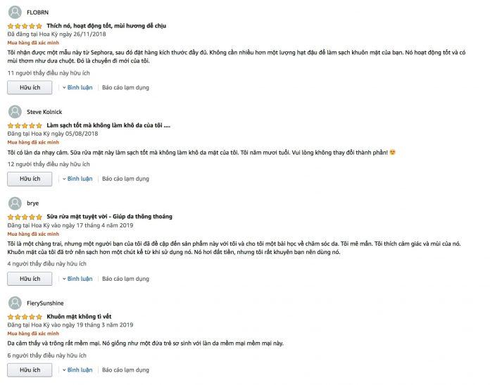 Đánh giá của khác hàng đã từng sử dụng sản phẩm Sữa rửa mặt đậu nành Fresh Soy Face Cleanser trên trang Amazon (Nguồn: BlogAnChoi).