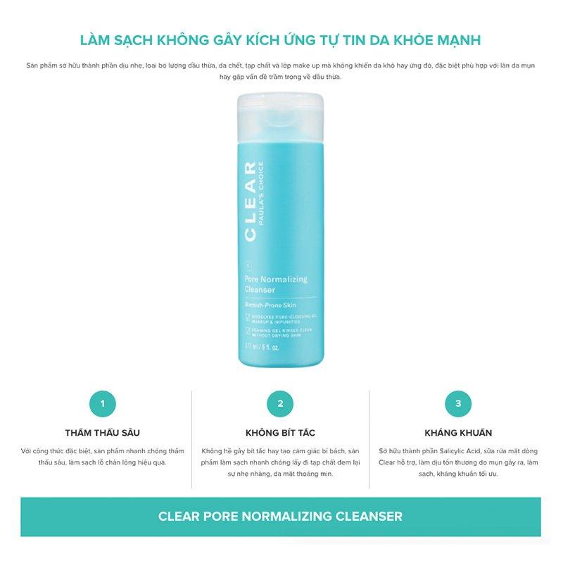 Công dụng chính của Paula's Choice Clear Pore Normalizing Cleanser. (Ảnh: Internet).