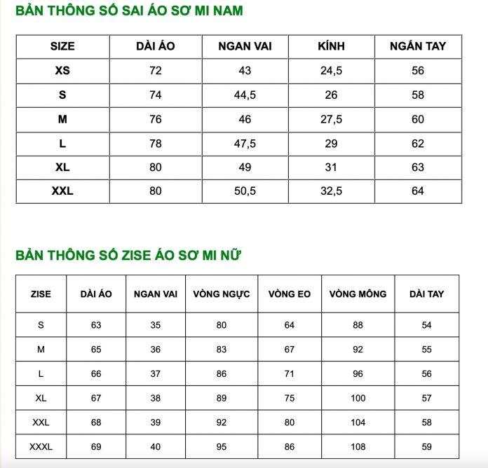 Bảng size của May đồng phục Việt Anh (Ảnh BlogAnChoi)