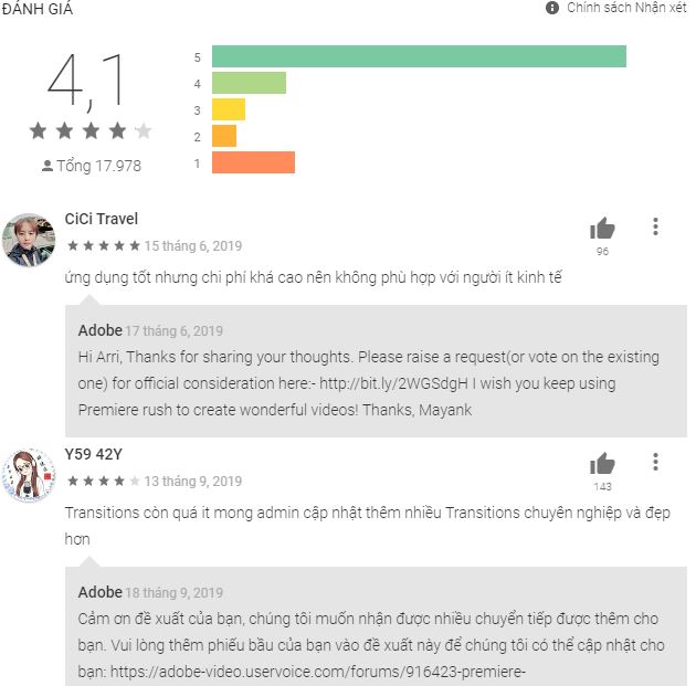 Đánh giá ứng dụng Adobe Premiere Rush trên Google Play. Nguồn: BlogAnChoi