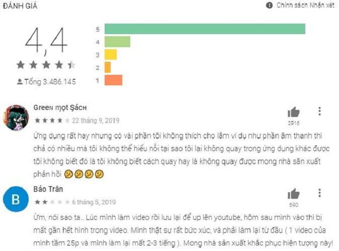 Đánh giá ứng dụng KineMaster trên Google Play. Nguồn: BlogAnChoi