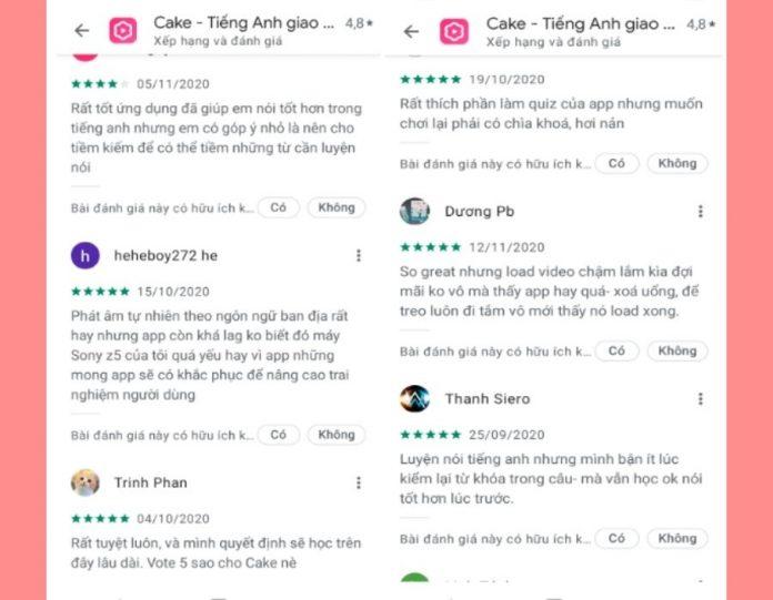 Phản hồi tính cực về app Cake của người dùng (Nguồn: Internet)